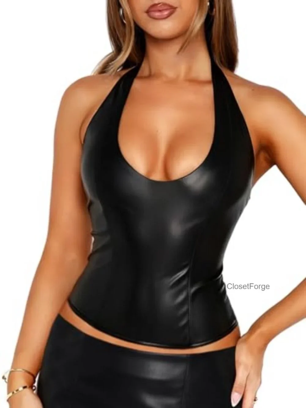 Faux Leather Halter Crop Top Women Backless Sleeveless Club Rave Y2k Zip